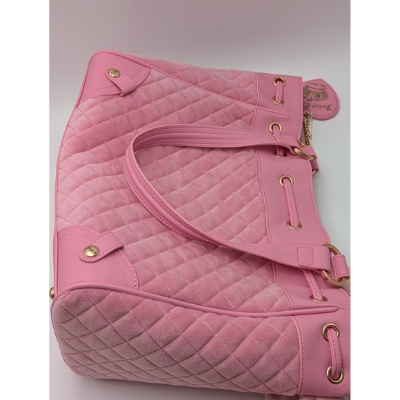 Juicy Couture Tote Women Large Pink Juicy Tale Quilted Velour Y2K Bow Charm Bag - Picture 7 of 11